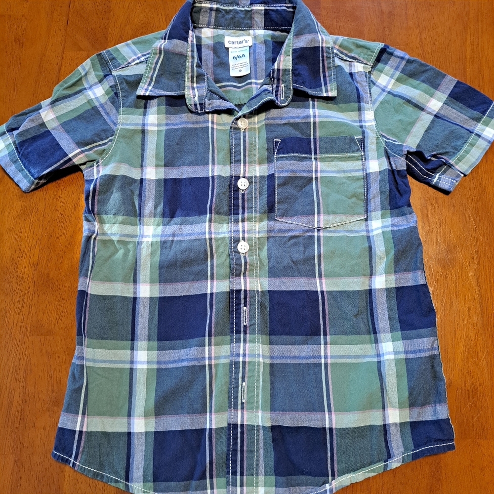 Boys Green/Blue Button-Down Plaid Short Sleeve Size 6 *Same Day Shipping*